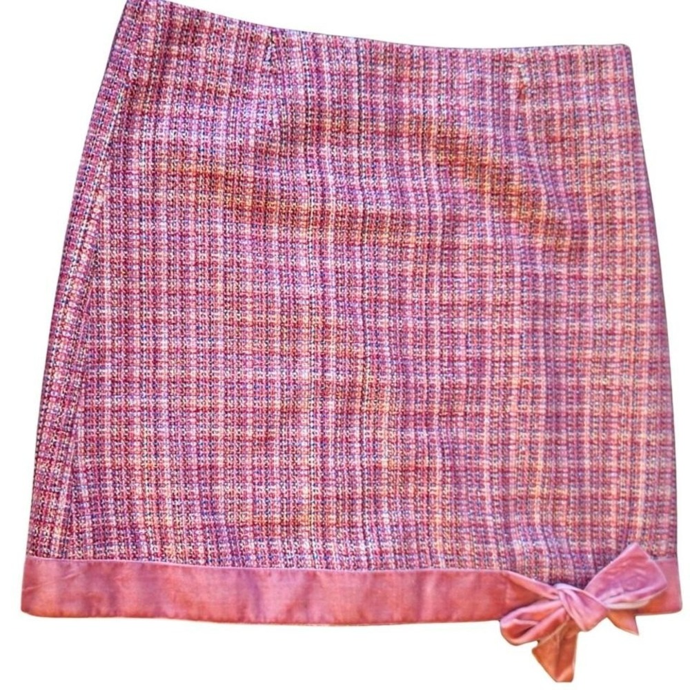 Vintage Y2K Miss Me Plaid Pink Tweed Mini Pencil Skirt Small Bow Coquette Preppy